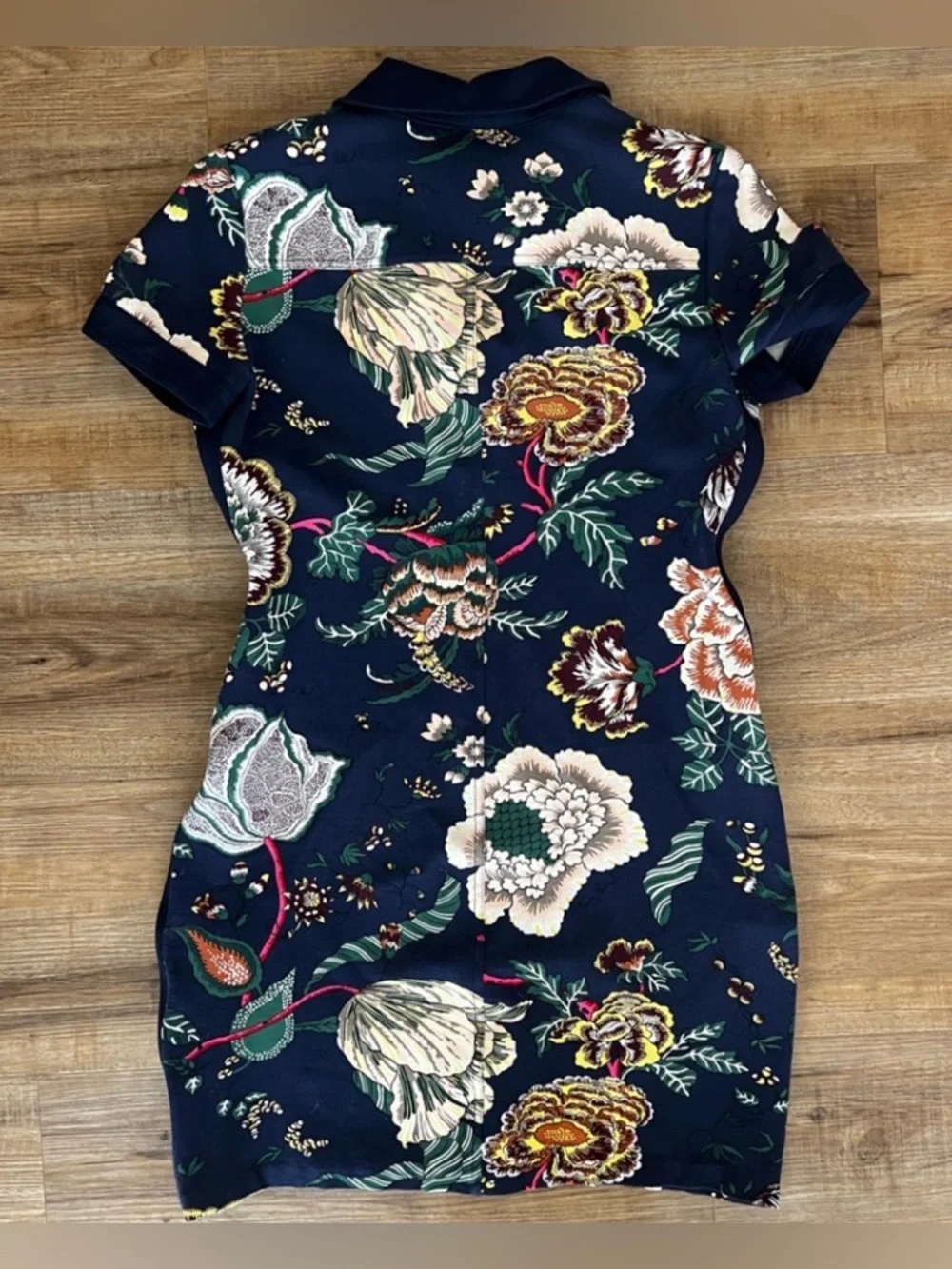 Tory Burch Stretch Ponte Polo Dress Happy Times Floral Gold Navy Pink Medium